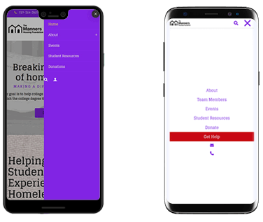 Comparison of the old mobile menu of the Manners Housing site and the new one made by Drifting Horizons